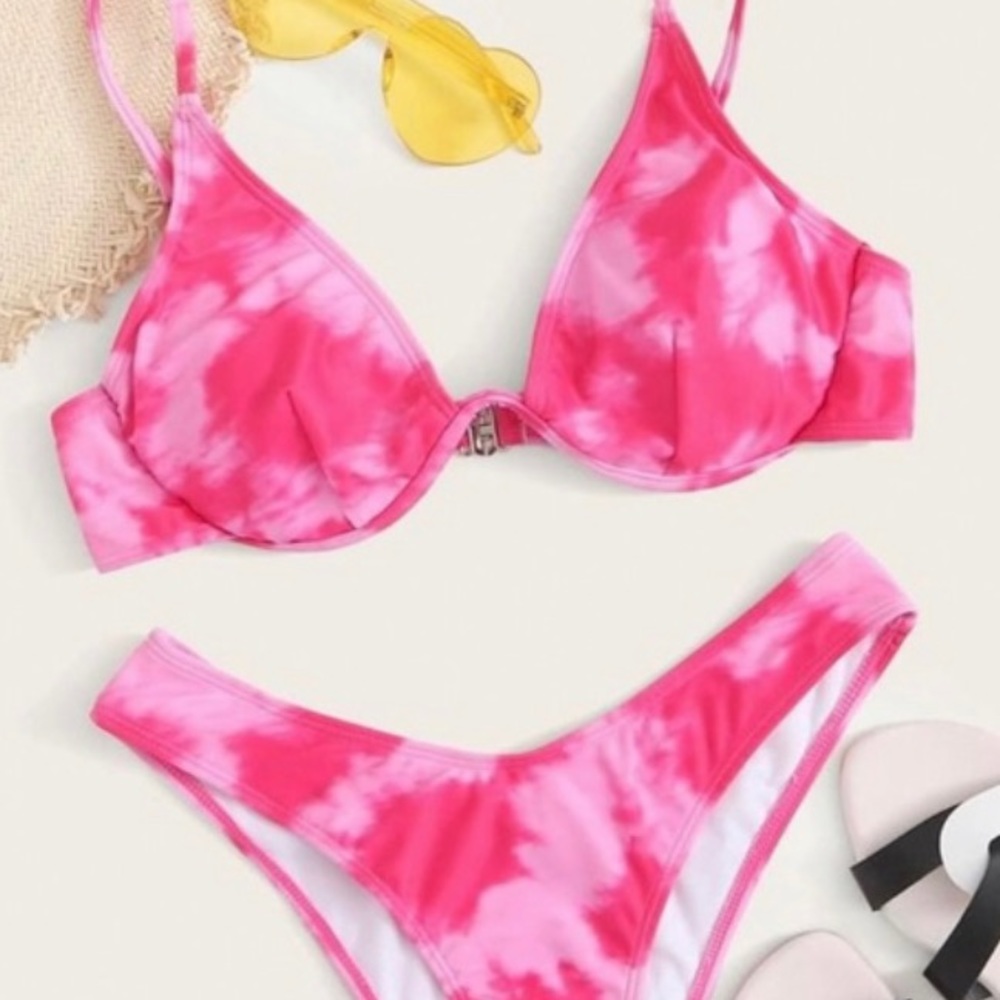 SHIEN Tie Dye Underwire High Cut Bikini in Pink